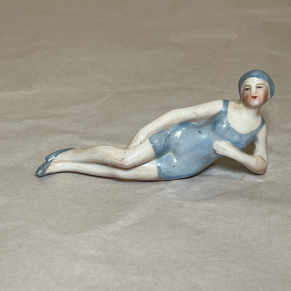 Antique German Art Deco Bisque Bathing Beauty Blue Suit Cap Laying Germany 6875